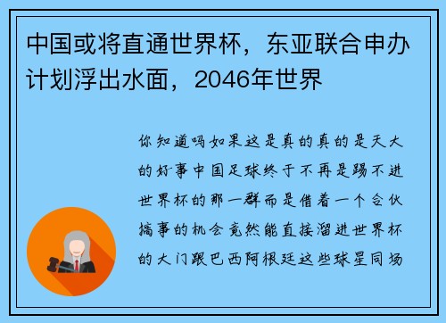 中国或将直通世界杯，东亚联合申办计划浮出水面，2046年世界