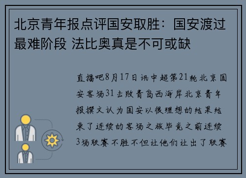 北京青年报点评国安取胜：国安渡过最难阶段 法比奥真是不可或缺